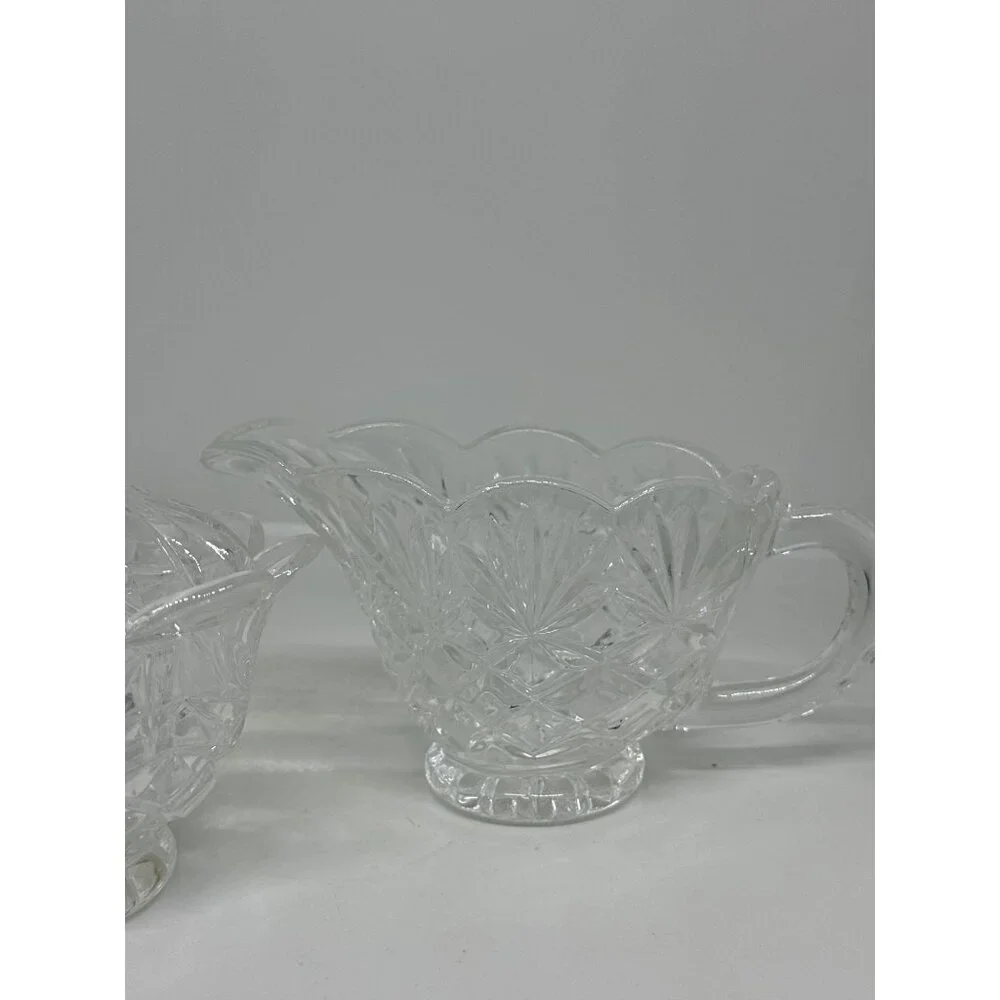 VTG Clear Cut Glass Sugar & Creamer Set | Scalloped Edge Pressed Crystal 4.5